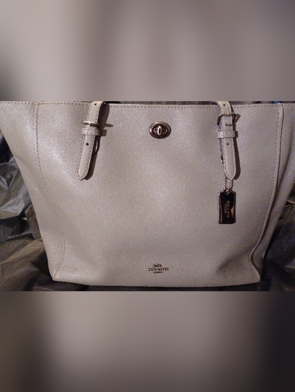 Coach Light Grayish Blue Crossgrain Leather Kitt Carryall With Silver Hardware.